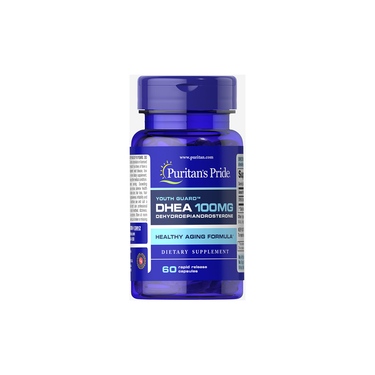 A blue bottle of Puritan's Pride DHEA (Dehydroepiandrosterone) 100 mg, containing 60 rapid release capsules, supports healthy aging as a hormone precursor sourced from the adrenal cortex.